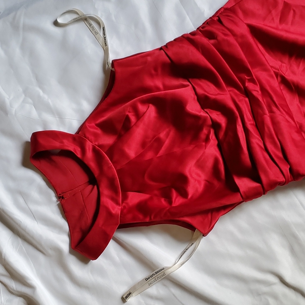 David's Bridal Red Halter Neckline Formal Dress.